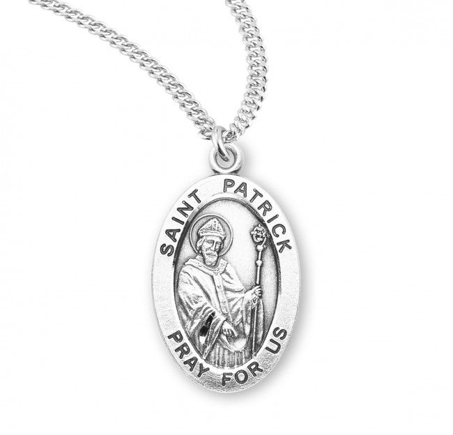 Sterling Silver St. Patrick Oval Medal on a 20&quot; Rhodium Plated Chain