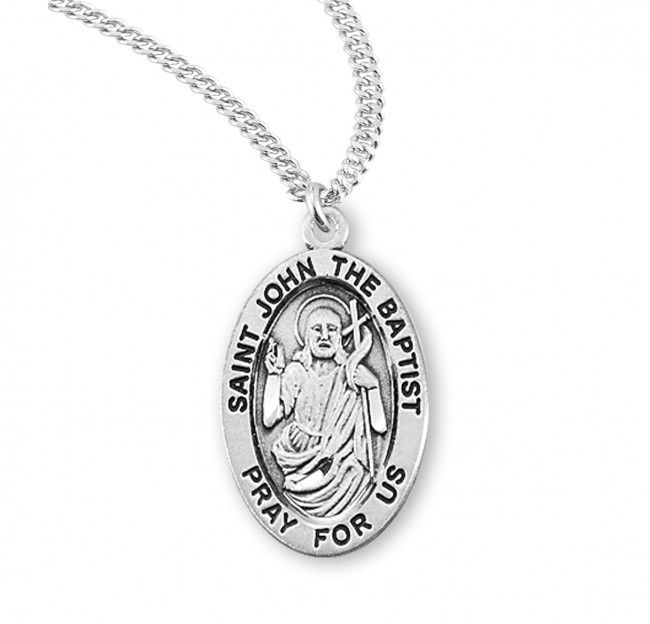 Sterling Silver St. John The Baptist Oval Medal on a 20&quot; Rhodium Plated Chain