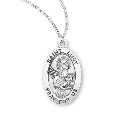 Sterling Silver St. Lucy Oval Medal on a 18&quot; Rhodium Plated Chain