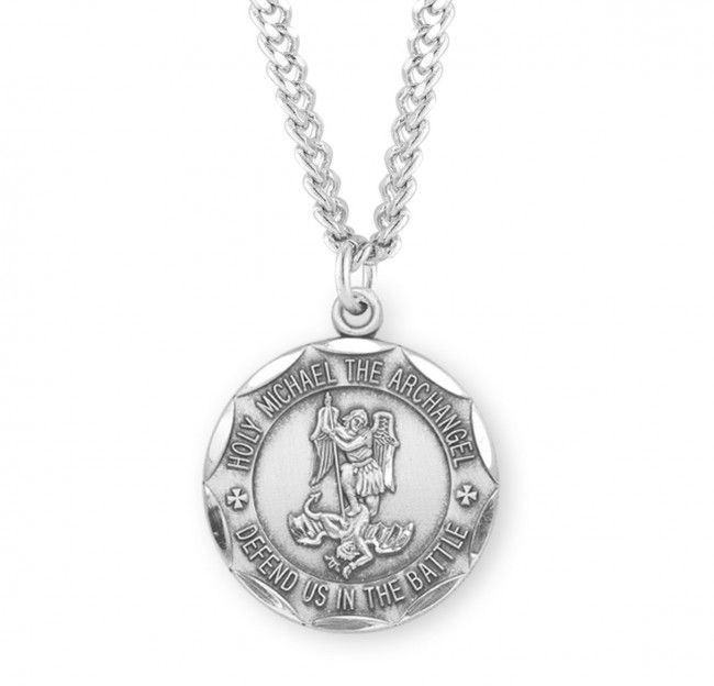 Sterling Silver St. Michael Round Scalloped Edge Medal on a 24&quot; Rhodium Plated Chain