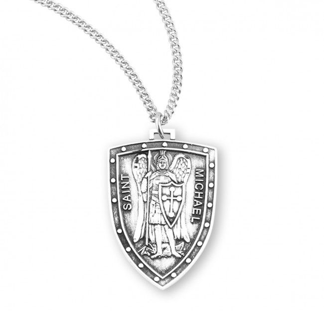 Sterling Silver Med St Michael Shield on a 18&quot;  Rhodium Plated Chain
