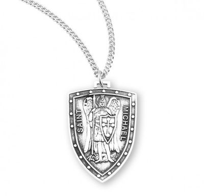 Sterling Silver Med St Michael Shield on a 18&quot;  Rhodium Plated Chain