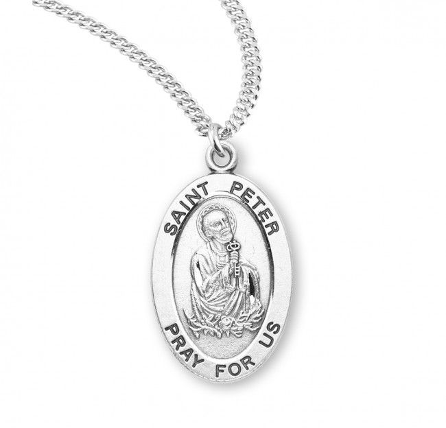 Sterling Silver St. Peter Oval Medal on a 20&quot; Rhodium Plated Chain