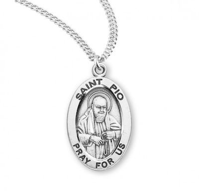 Sterling Silver St. Pio Oval Medal on a 20&quot; Rhodium Plated Chain