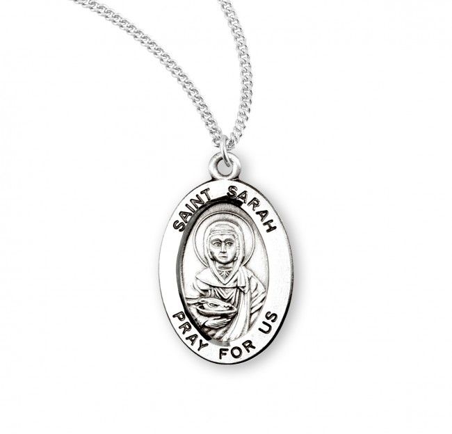 Sterling Silver St. Sarah Oval Medal on a 18&quot; Rhodium Plated Chain