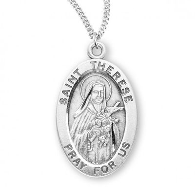 Sterling Silver St. Therese Oval Medal on a 18&quot; Rhodium Plated Chain