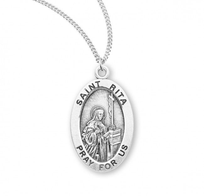 Sterling Silver St. Rita Oval Medal on a 18&quot; Rhodium Plated Chain