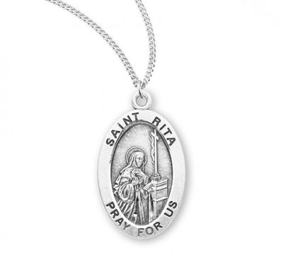 Sterling Silver St. Rita Oval Medal on a 18&quot; Rhodium Plated Chain