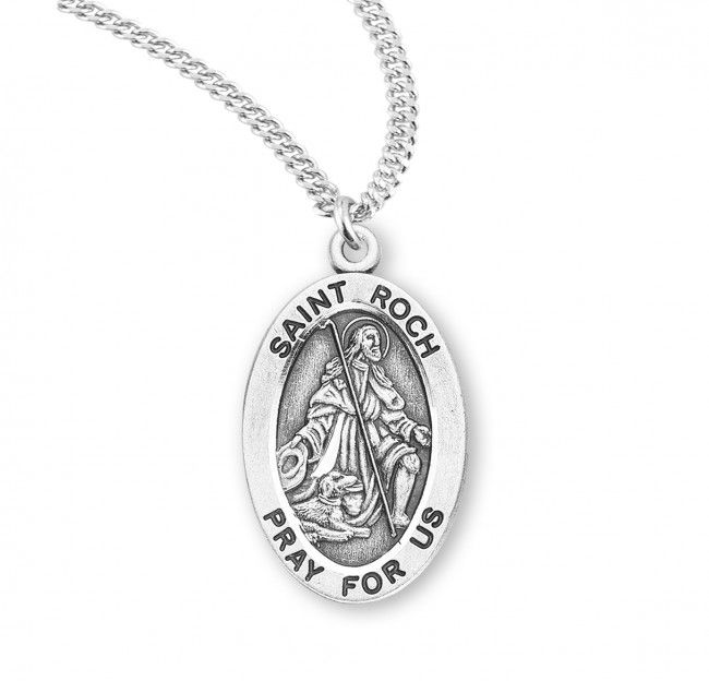 Sterling Silver St. Roch Oval Medal on a 20&quot; Rhodium Plated Chain