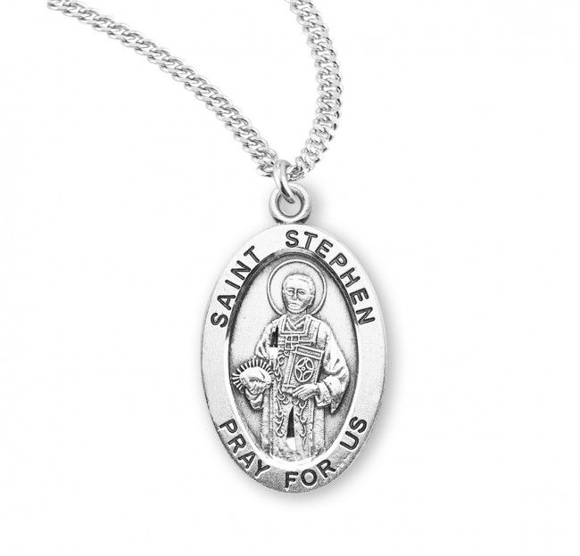 Sterling Silver St. Stephen Oval Medal on a 20&quot; Rhodium Plated Chain