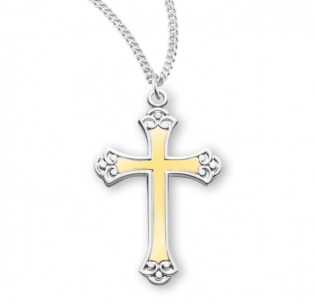 Sterling Silver Medium Two Tone Fancy Cross on a 18&quot; Rhodium Plated Chain
