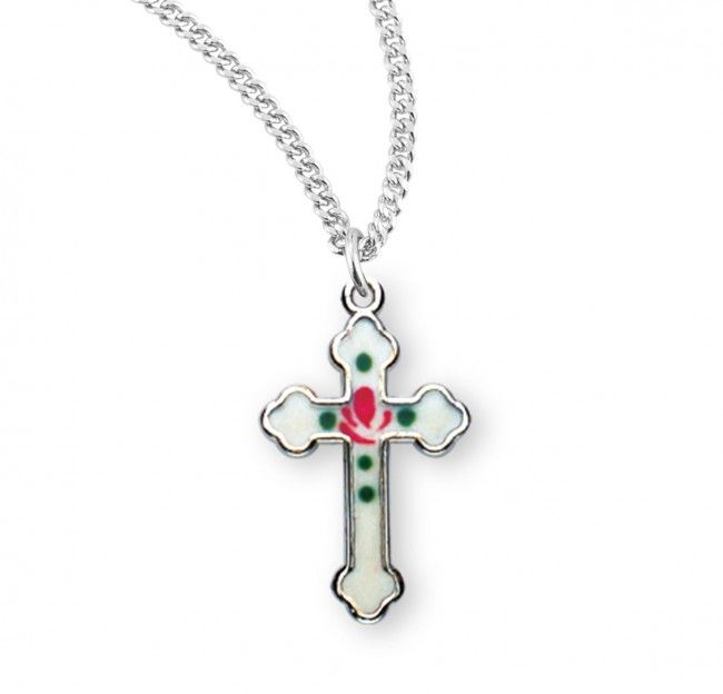 Sterling Silver White Enameled Cross on a 18&quot; Rhodium Plated Chain