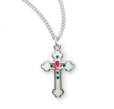 Sterling Silver White Enameled Cross on a 18&quot; Rhodium Plated Chain
