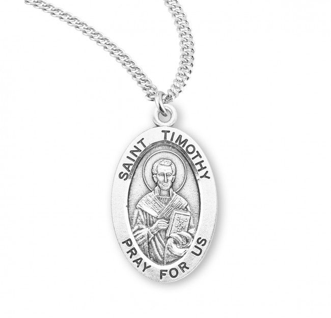 Sterling Silver St. Timothy Oval Medal on a 20&quot; Rhodium Plated Chain