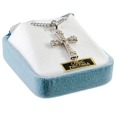 Sterling White Enamel Cross with Cubic Zirconia on a 18&quot; Rhodium Plated Chain