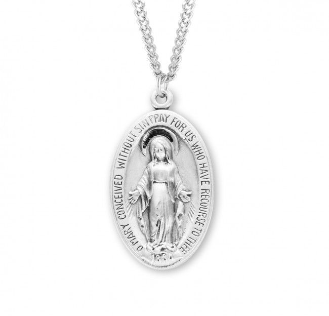 Sterling Silver Large Oval Miraculous Medal  on a 24&quot; Rhodium Plated Chain
