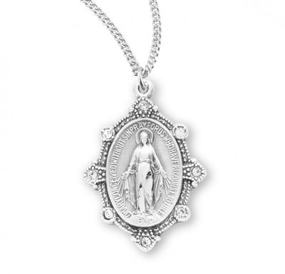 Sterling Silver Miraculous with Crystal Stones on a 18&quot; Rhodium Plated Chain