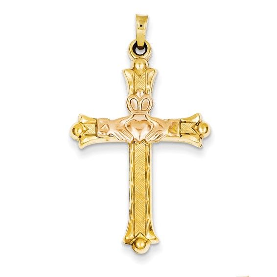 14kt Gold Two Tone Claddagh Cross Pendant Disc.