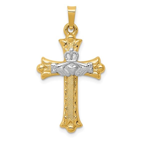 14kt Gold Two Tone Claddagh Medium Cross Pendant