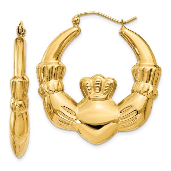 14kt Gold XL Polished Claddagh Hoop Earrings