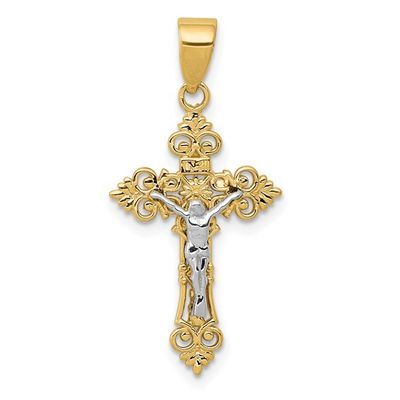 14kt Gold Two Tone Small Lacy Edge Inri Crucifix Pendant