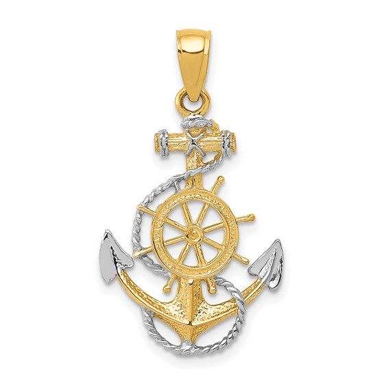 14kt Gold and Rhodium Anchor with Rope Pendant Disc.