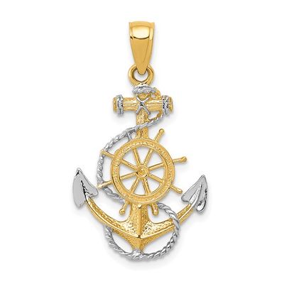 14kt Gold and Rhodium Anchor with Rope Pendant Disc.