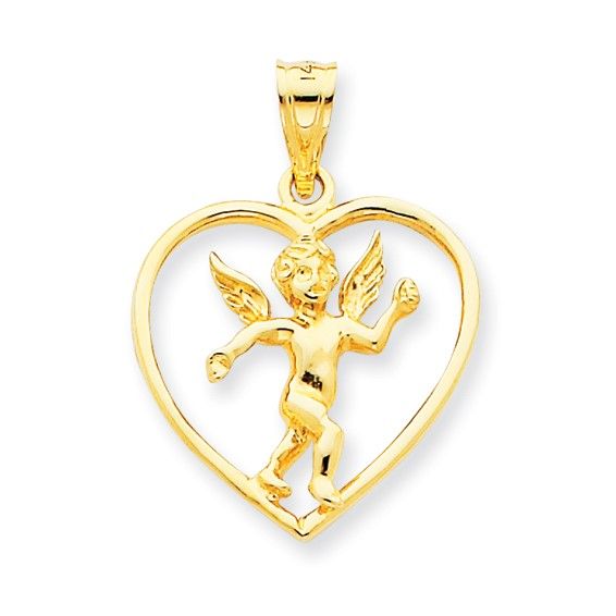 14kt Gold Polished Angel in Heart Charm Disc.