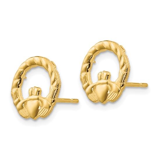 14kt Gold Claddagh Post Earrings (Banded Top)