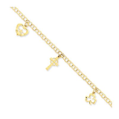 14kt Gold 7&quot; Shamrock, Celtic Cross, Claddagh Bracelet Disc.