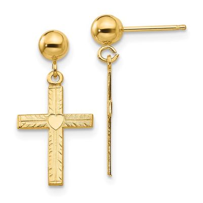 14kt Gold Polished and Satin Cross Dangle Earrings