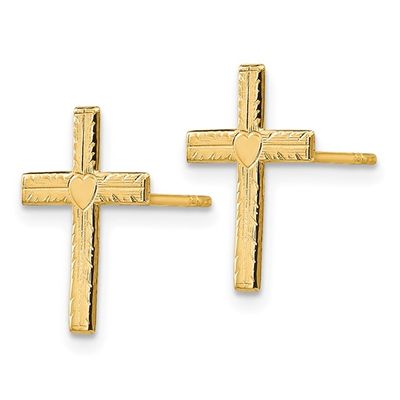 14kt Gold Polished and Satin Heart Cross Earrings