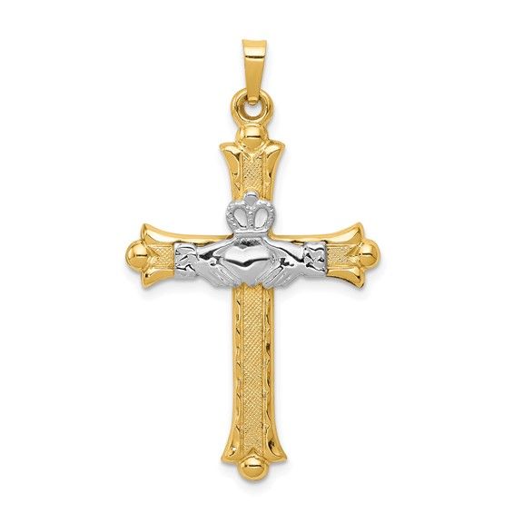 14kt Gold Two-Tone Large Claddagh Cross Pendant
