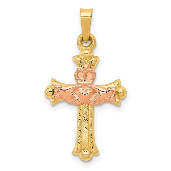 14kt Gold Two-Tone Small Pink Claddagh Cross Pendant