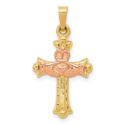 14kt Gold Two-Tone Small Pink Claddagh Cross Pendant