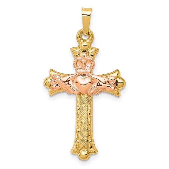 14kt Gold Two Tone Medium Claddagh Cross Pendant