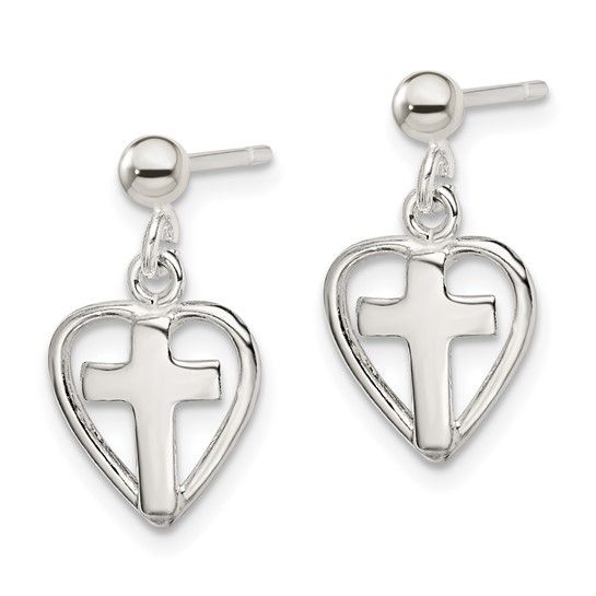 Sterling Silver Cross in Heart Post Dangle Earrings