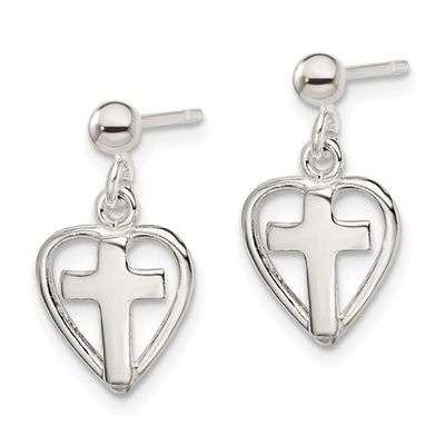 Sterling Silver Cross in Heart Post Dangle Earrings