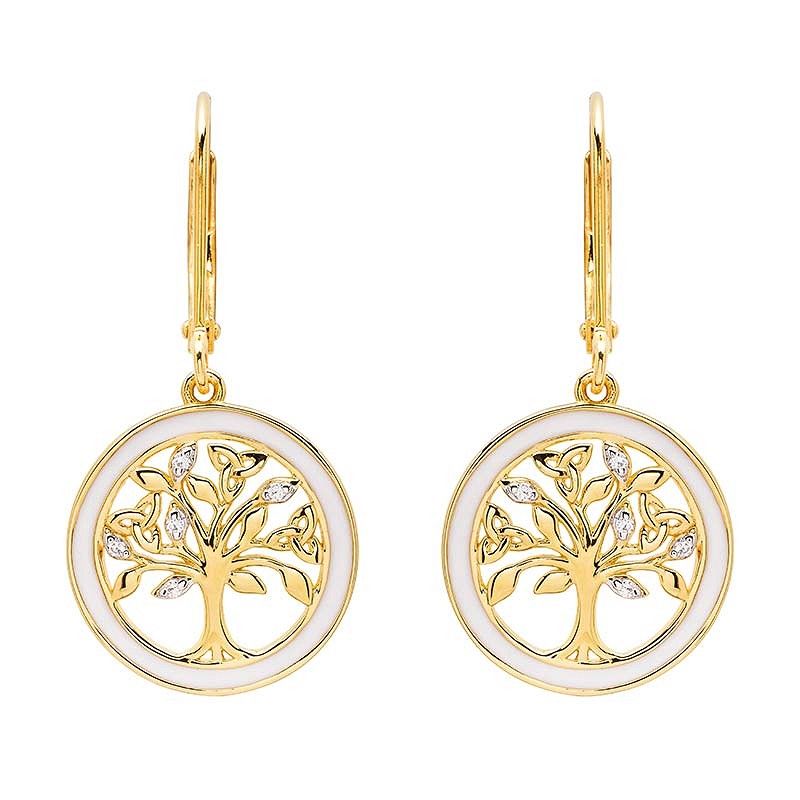14kt Gold Vermeil White Enamel Tree of Life Drop Earrings
