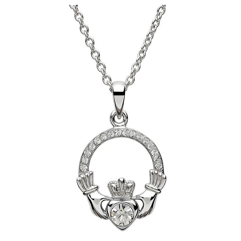 Sterling Silver April Claddagh Birthstone Necklace with Swarovski® Crystals