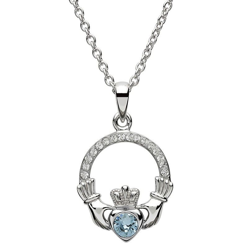 Sterling Silver March Claddagh Birthstone Necklace with Swarovski® Crystals
