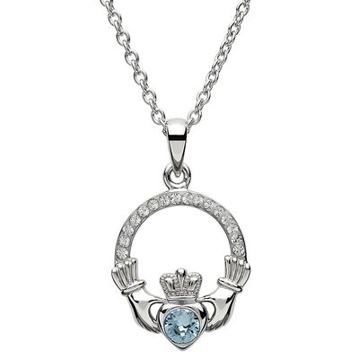 Sterling Silver March Claddagh Birthstone Necklace with Swarovski® Crystals