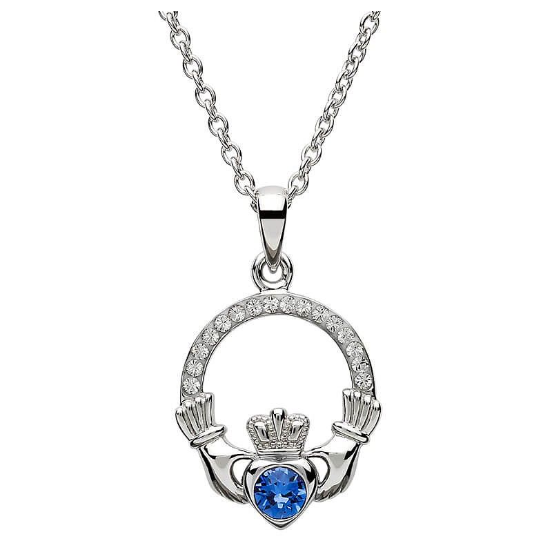 Sterling Silver September Claddagh Birthstone Necklace with Swarovski® Crystals
