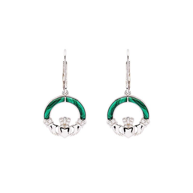 Sterling Silver Claddagh Drop with Malachite Earrings