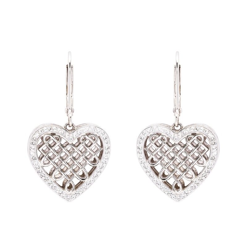 Sterling Silver White Crystals Celtic Heart Earrings Disc.
