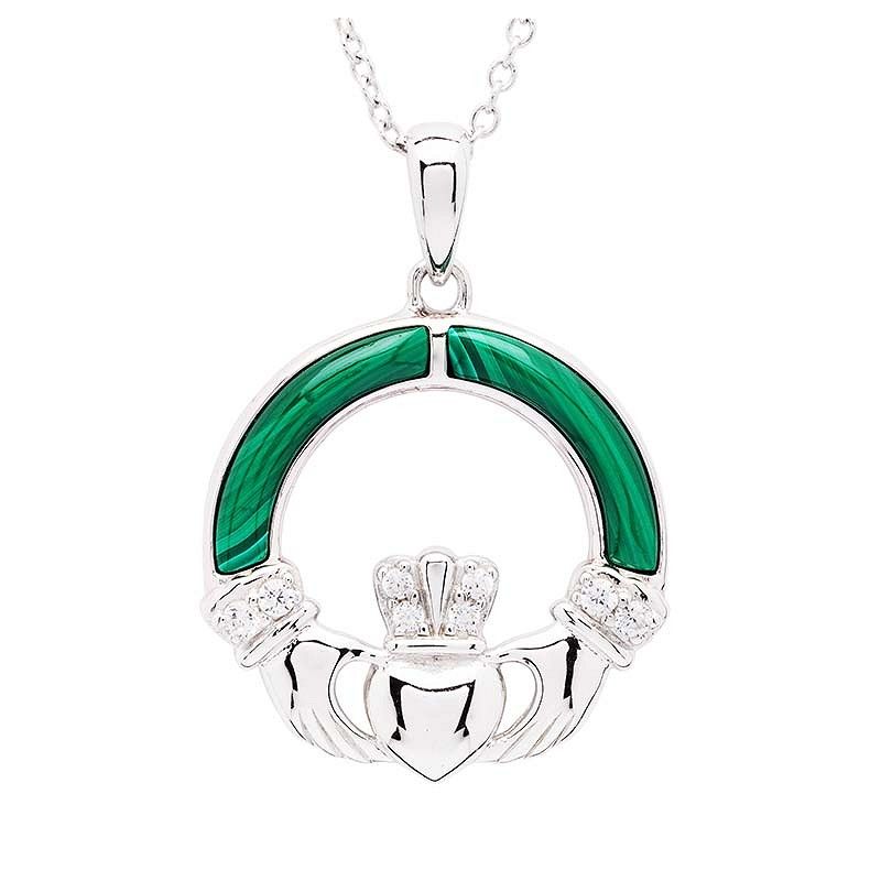 Sterling Silver Claddagh with Malachite Pendant on a 18&quot; Sterling Silver Chain