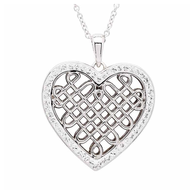 Sterling Silver White Crystals Celtic Heart Necklace on a 18&quot; Sterling Silver Chain Disc.