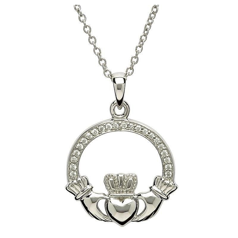 Sterling Silver Pave Set Claddagh Pendant on a 18&quot; Sterling Silver Chain