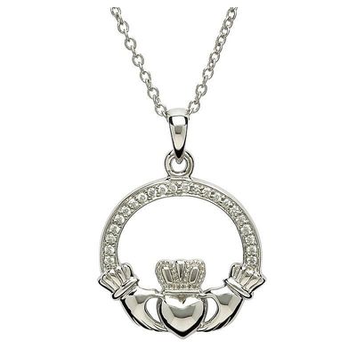 Sterling Silver Pave Set Claddagh Pendant on a 18&quot; Sterling Silver Chain