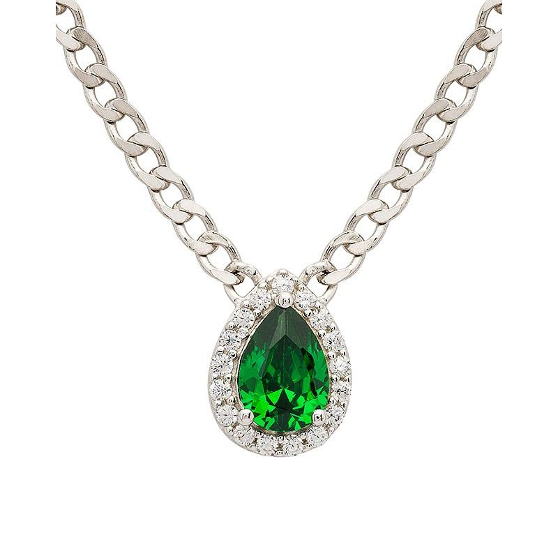 Sterling Silver Emerald CZ Halo Necklace on a 20&quot; Sterling Silver Chain